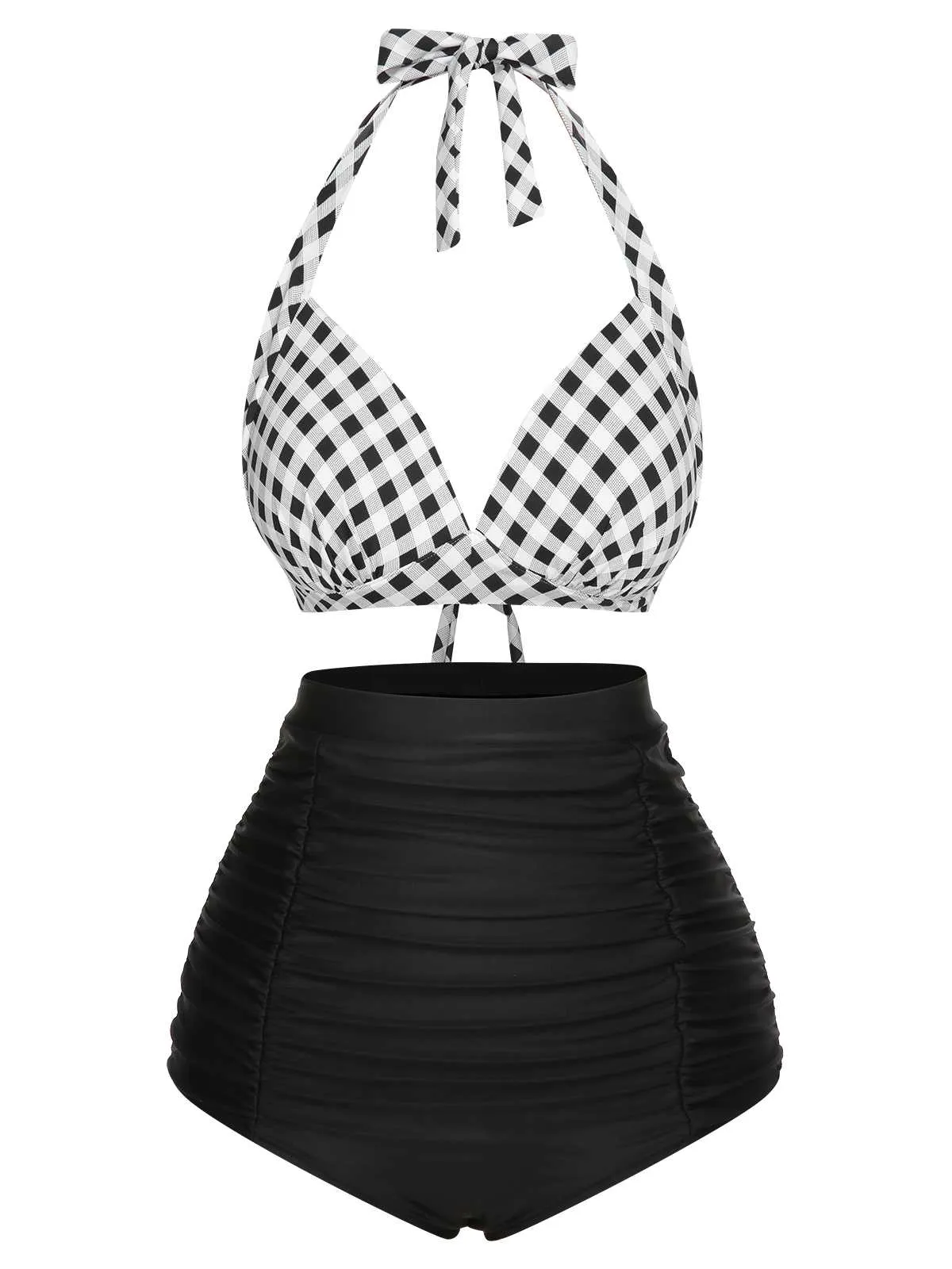1950s Halter Plaids Lace-Up Swimsuit
