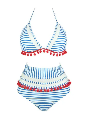 1970s Fur Ball Pendant Tassel Striped Swimsuit