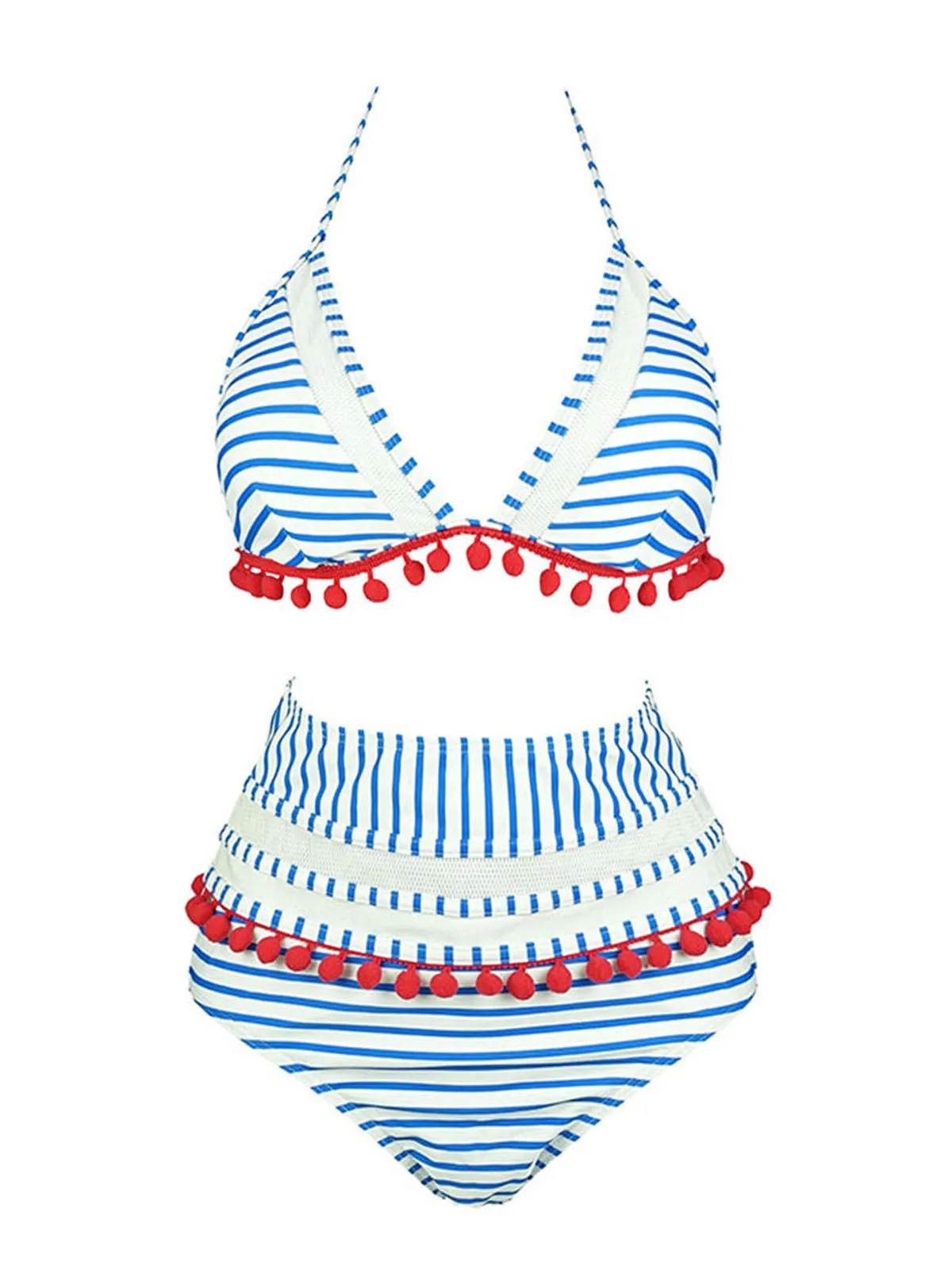 1970s Fur Ball Pendant Tassel Striped Swimsuit