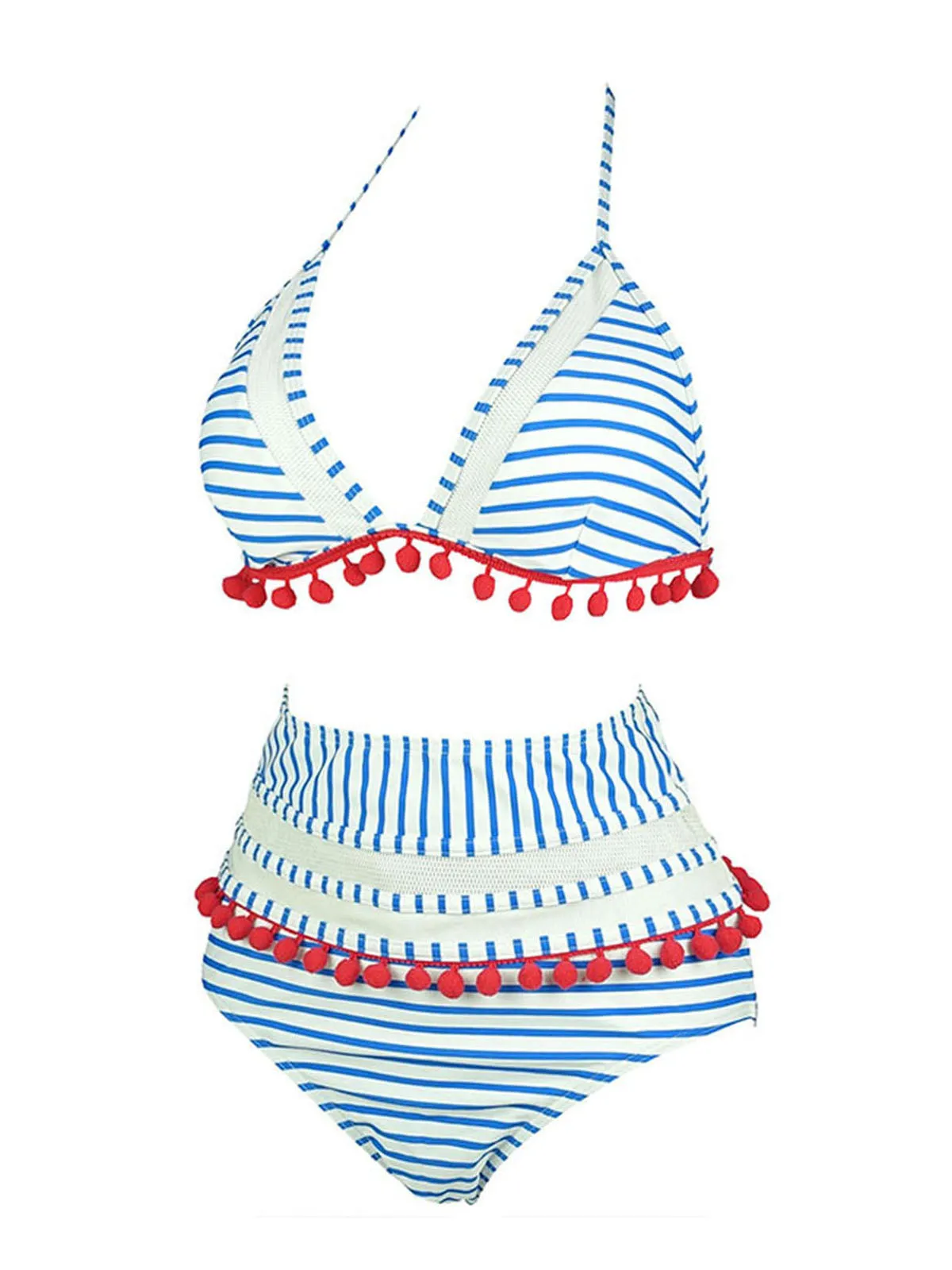 1970s Fur Ball Pendant Tassel Striped Swimsuit