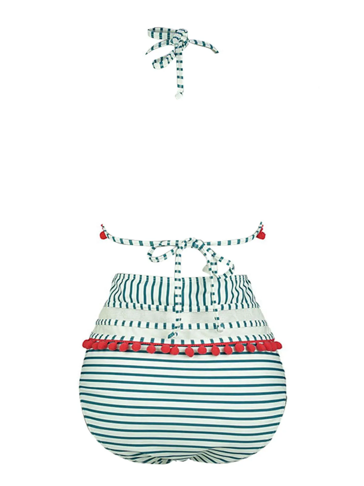 1970s Fur Ball Pendant Tassel Striped Swimsuit