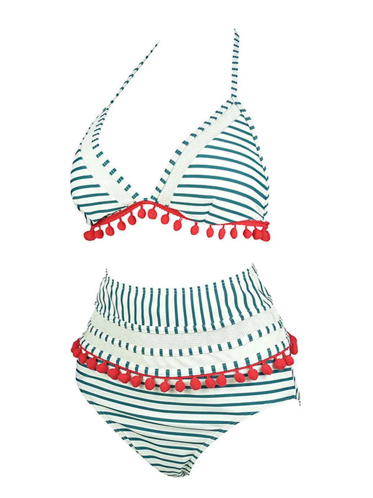1970s Fur Ball Pendant Tassel Striped Swimsuit