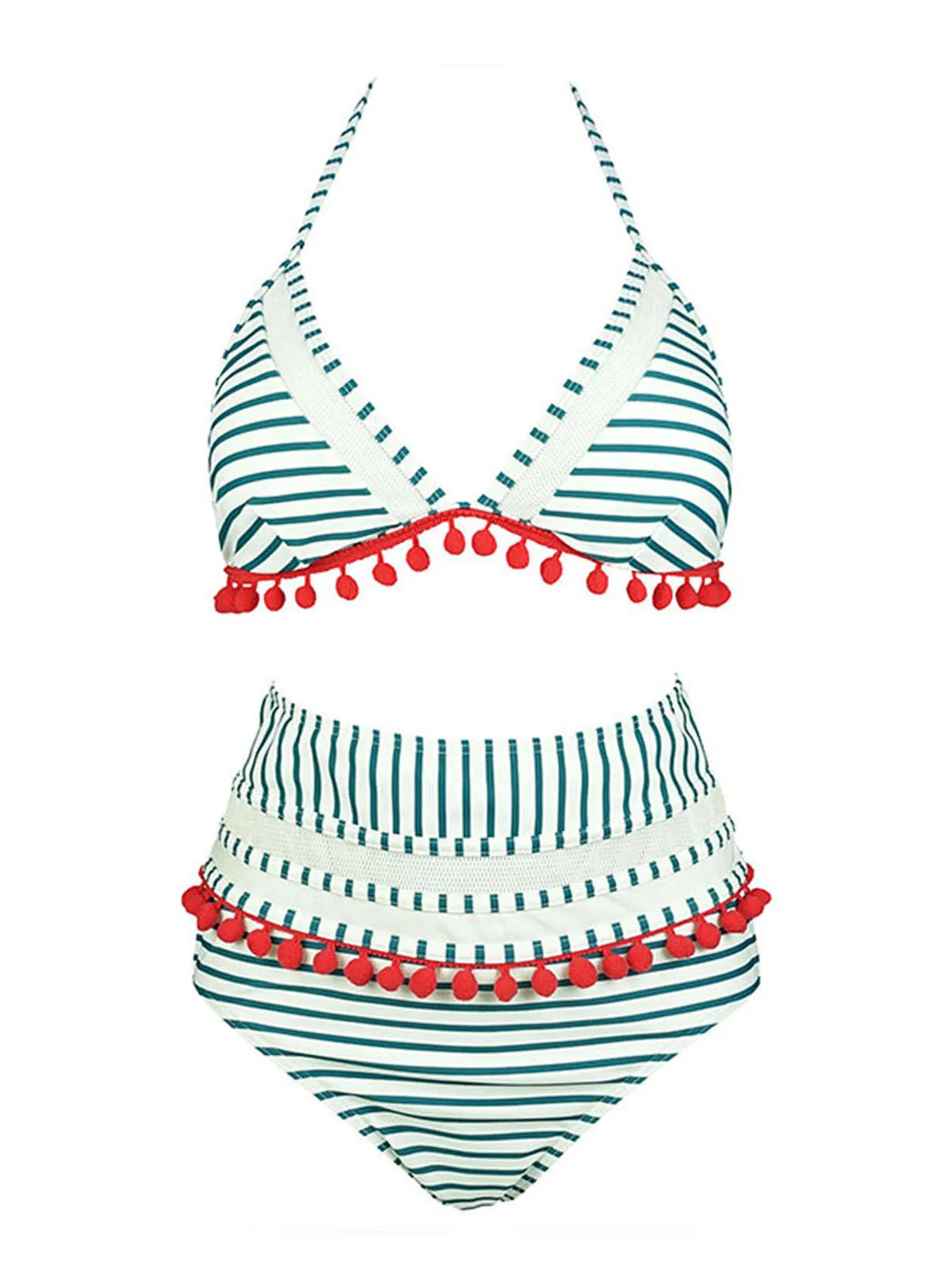 1970s Fur Ball Pendant Tassel Striped Swimsuit