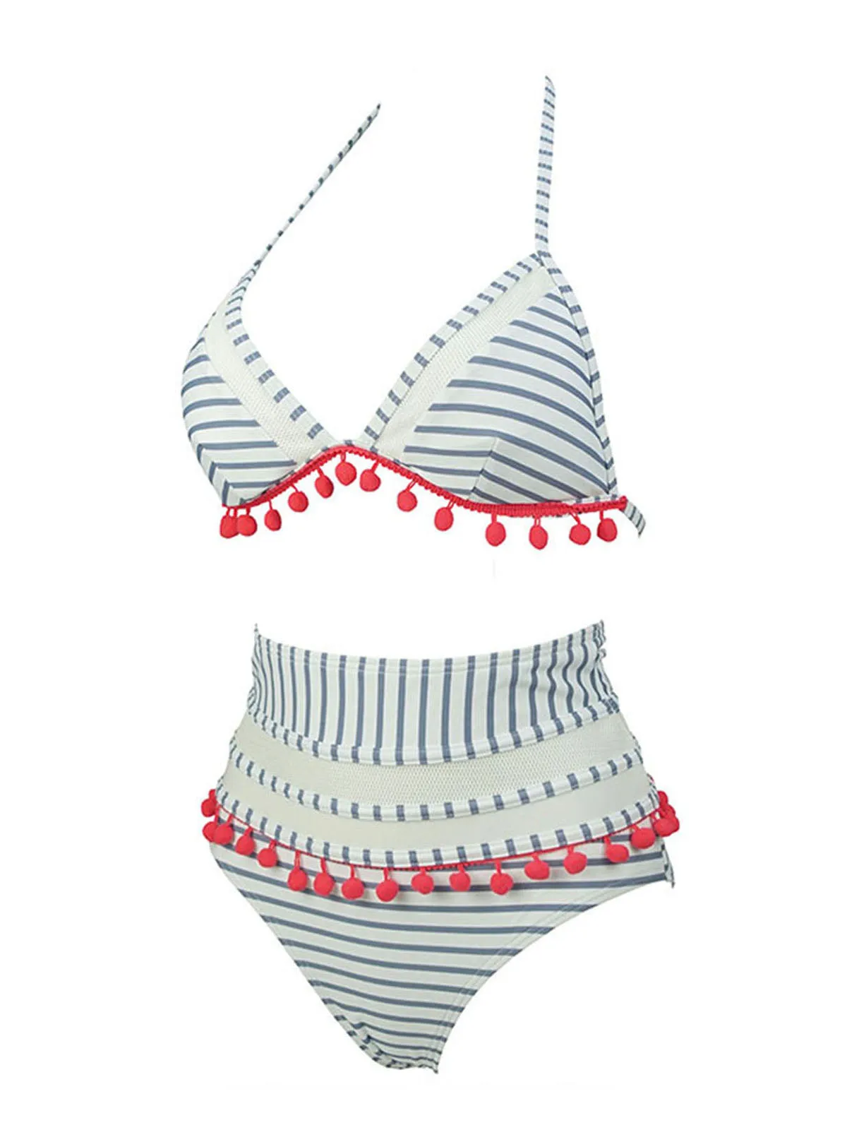 1970s Fur Ball Pendant Tassel Striped Swimsuit