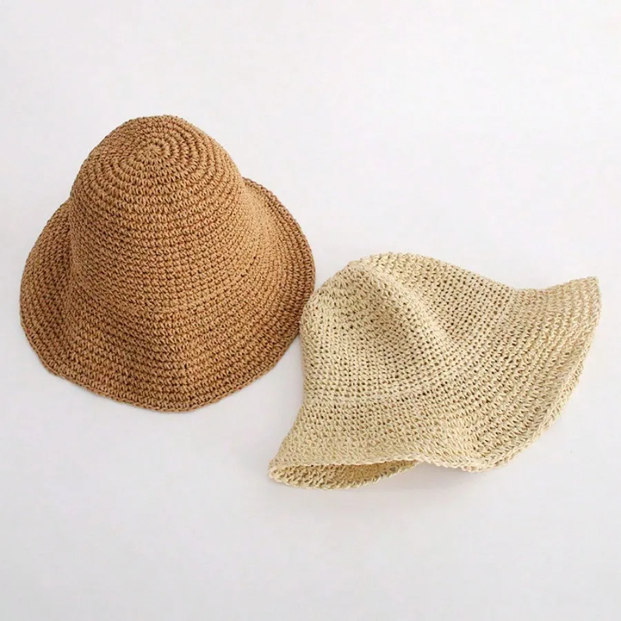 1pc Handmade Summer Sun Hat Women's Sunscreen Beach Hat Holiday Straw Hat With Wide Brim, Fishing Hat