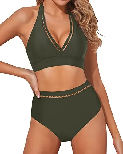 2 Piece Trendy Deep V Neck High Waisted Bikini Sets For Women-Army Green