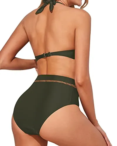 2 Piece Trendy Deep V Neck High Waisted Bikini Sets For Women-Army Green
