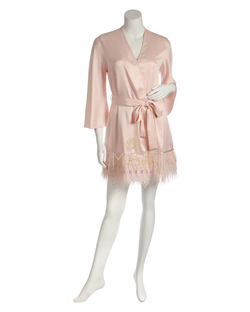 394 Ivory Swan Feathers Satin Kimono Wrap