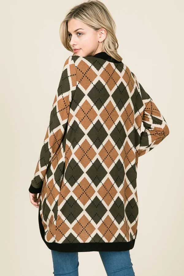 Ana Olive and Taupe Argyle Print Open Front Cardigan