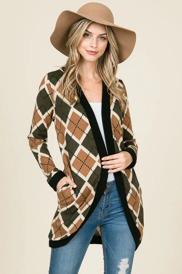 Ana Olive and Taupe Argyle Print Open Front Cardigan