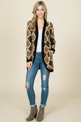 Ana Olive and Taupe Argyle Print Open Front Cardigan