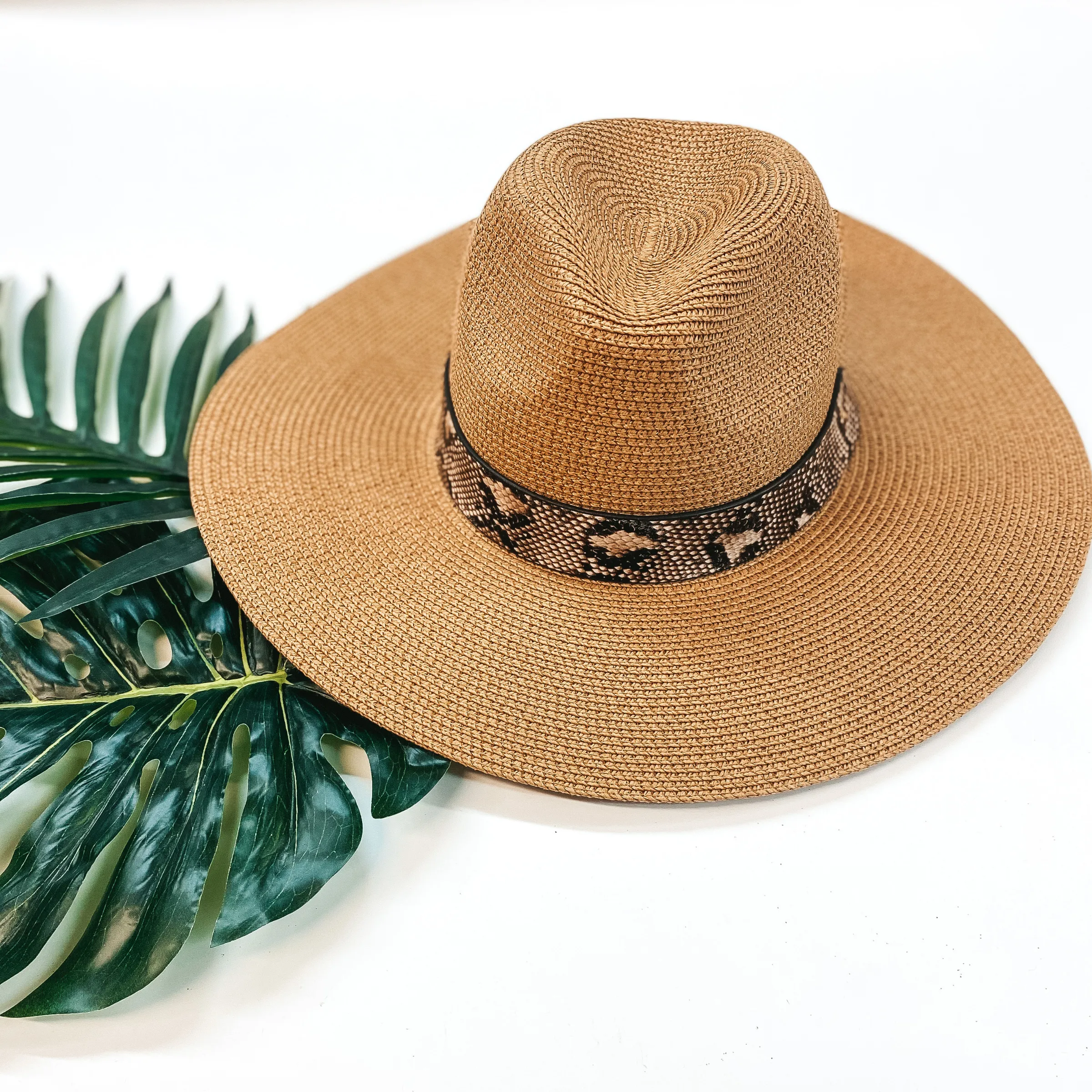 Big Bright Skies Straw Floppy Hat with Snakeskin Band in Tan