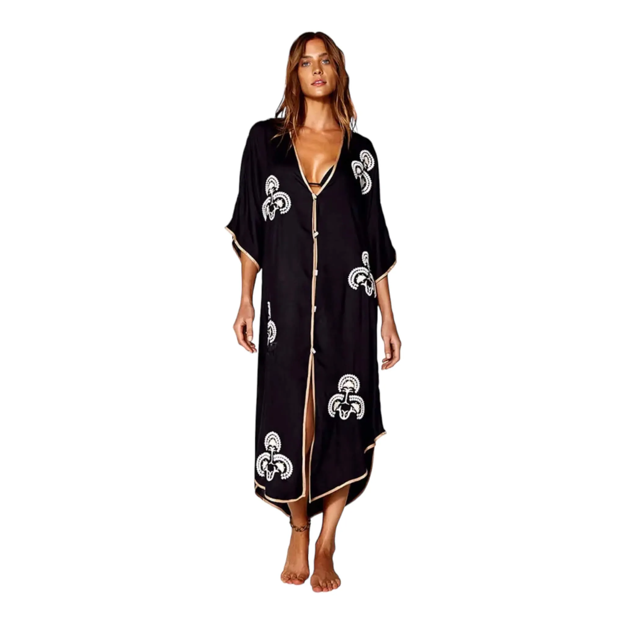 Black V Neck Button Down Moroccan Kaftan