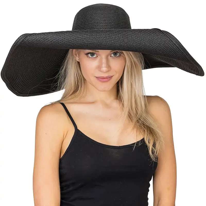 Black Wired Extra Wide Brim Paper Straw Floppy Sun Hat