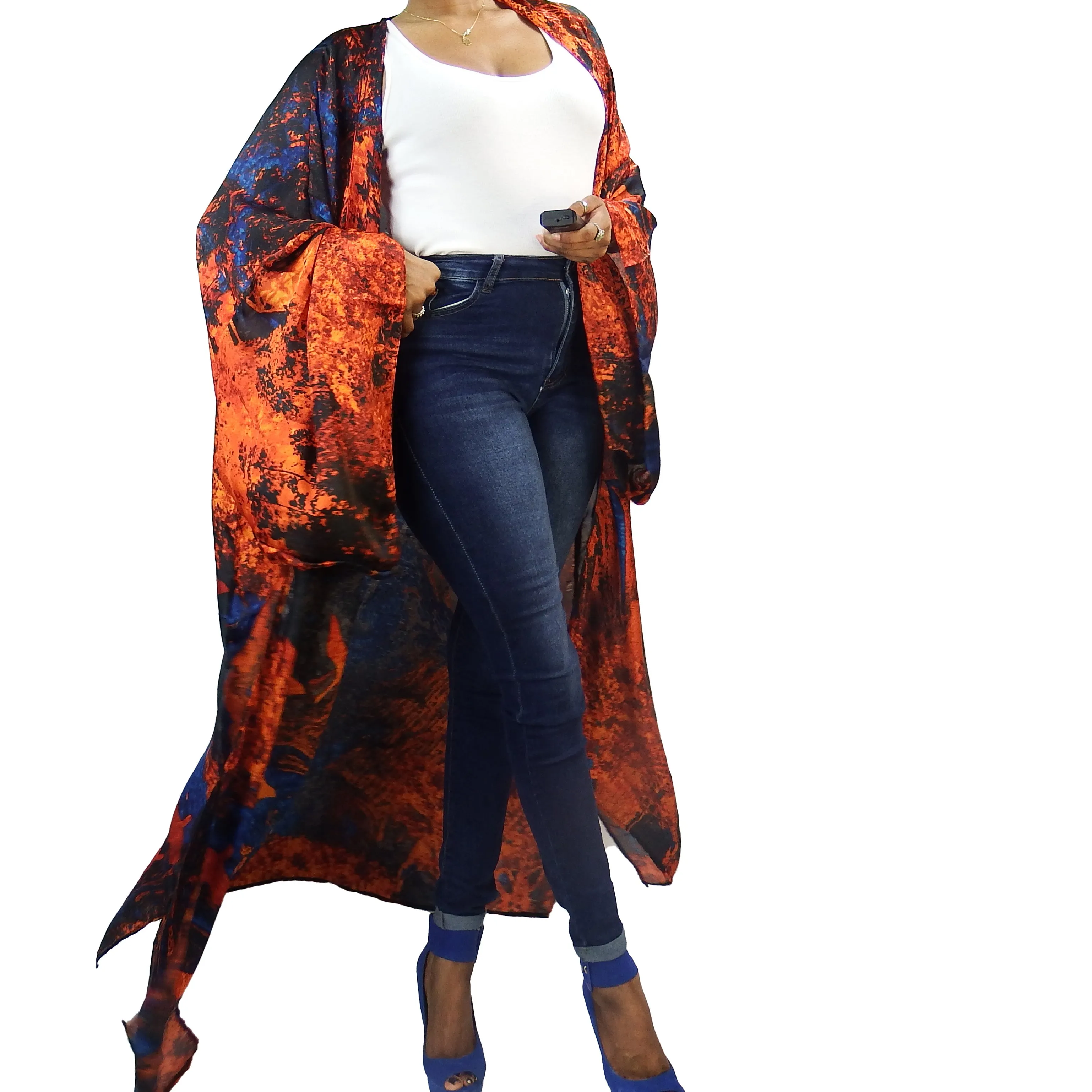 Blue Blazes | Kimono Duster (Open Front) | Floor Length Long Robe