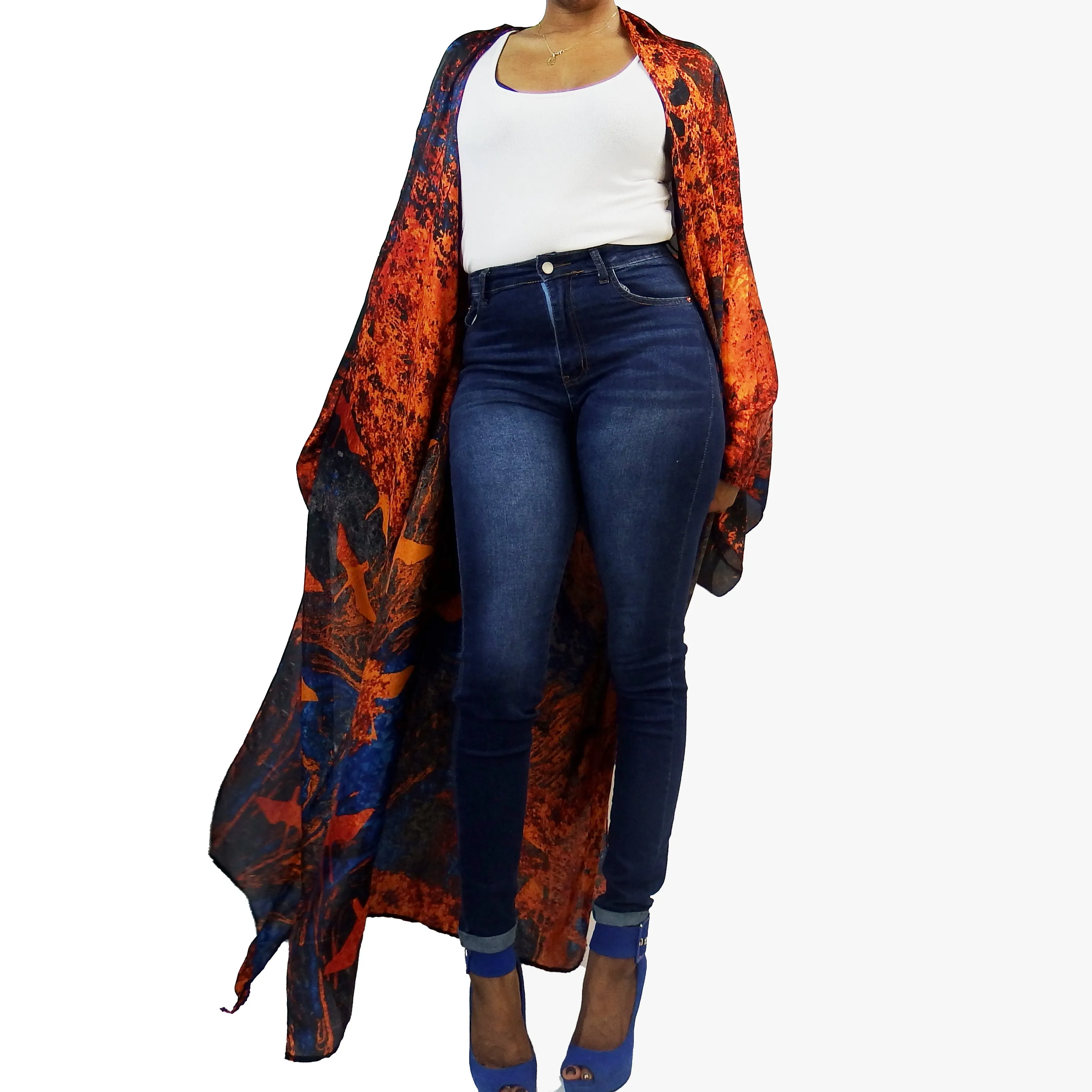 Blue Blazes | Kimono Duster (Open Front) | Floor Length Long Robe
