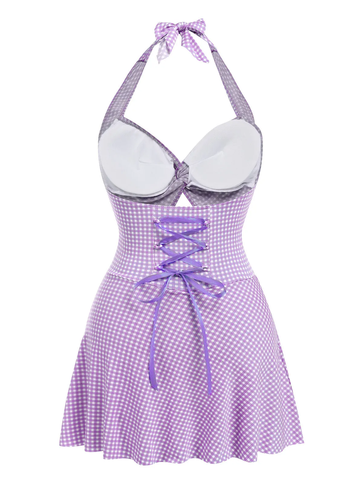Blue Green 1930s Plaid Halter One-Piece Swimsuit