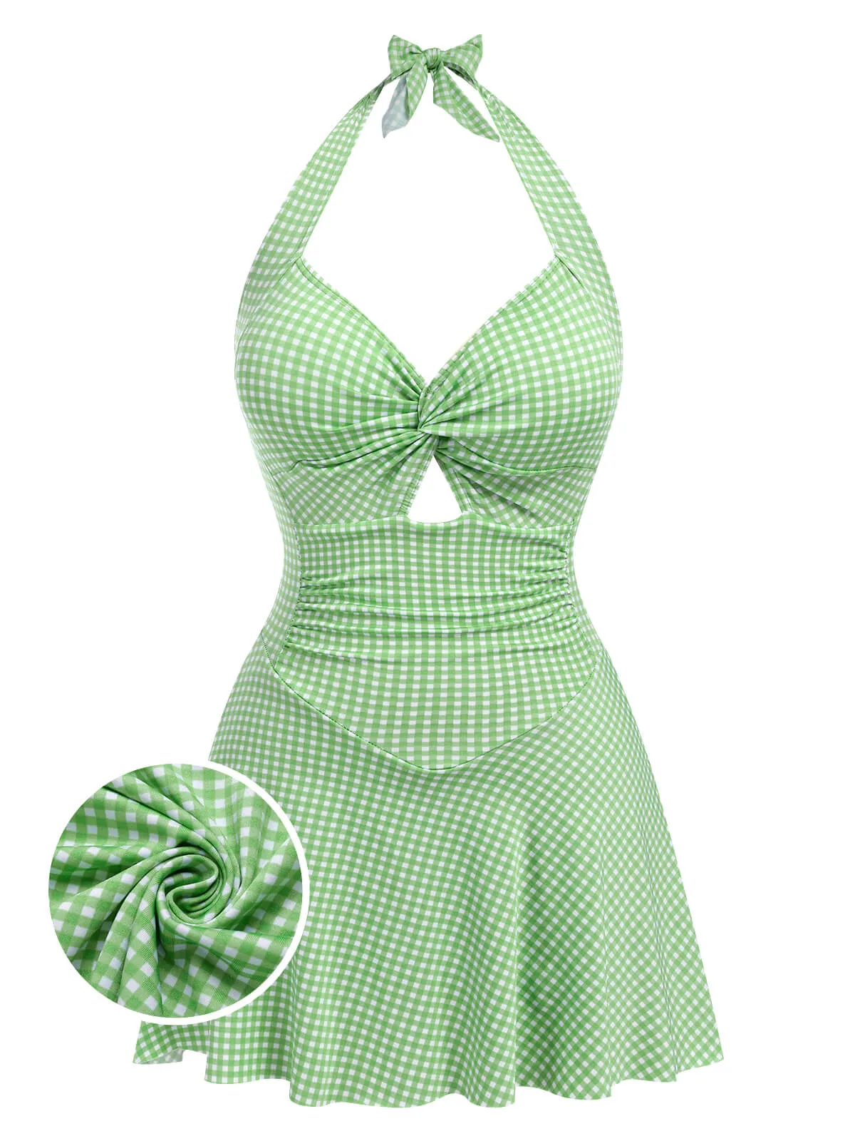 Blue Green 1930s Plaid Halter One-Piece Swimsuit