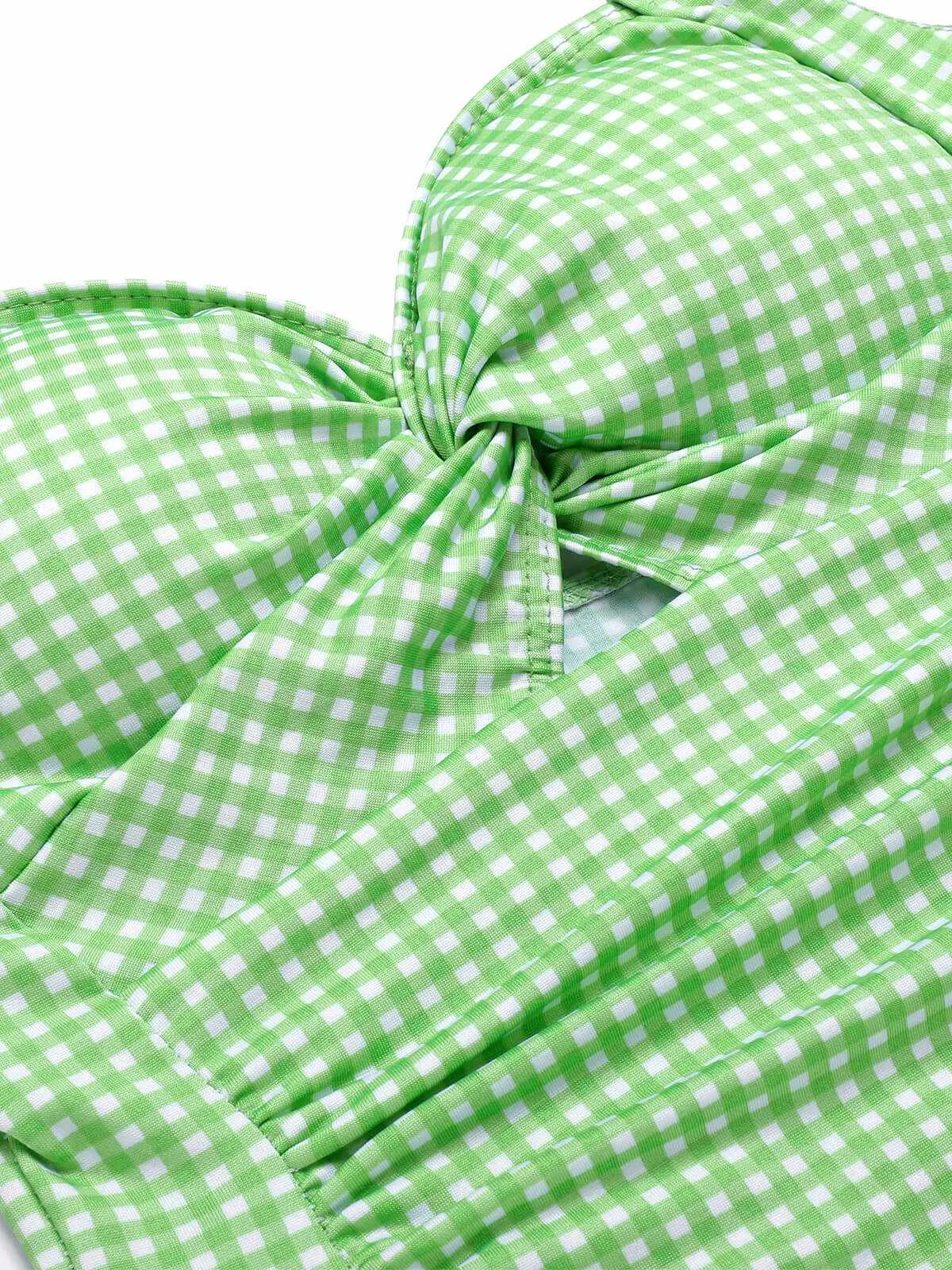Blue Green 1930s Plaid Halter One-Piece Swimsuit