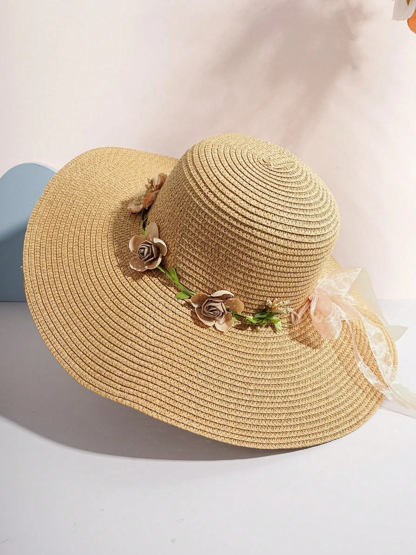 Boho 1pc Unisex Y2k Style Wide Brim Floral Wreath Sun Hat, Perfect For Spring & Summer Outdoor Activities