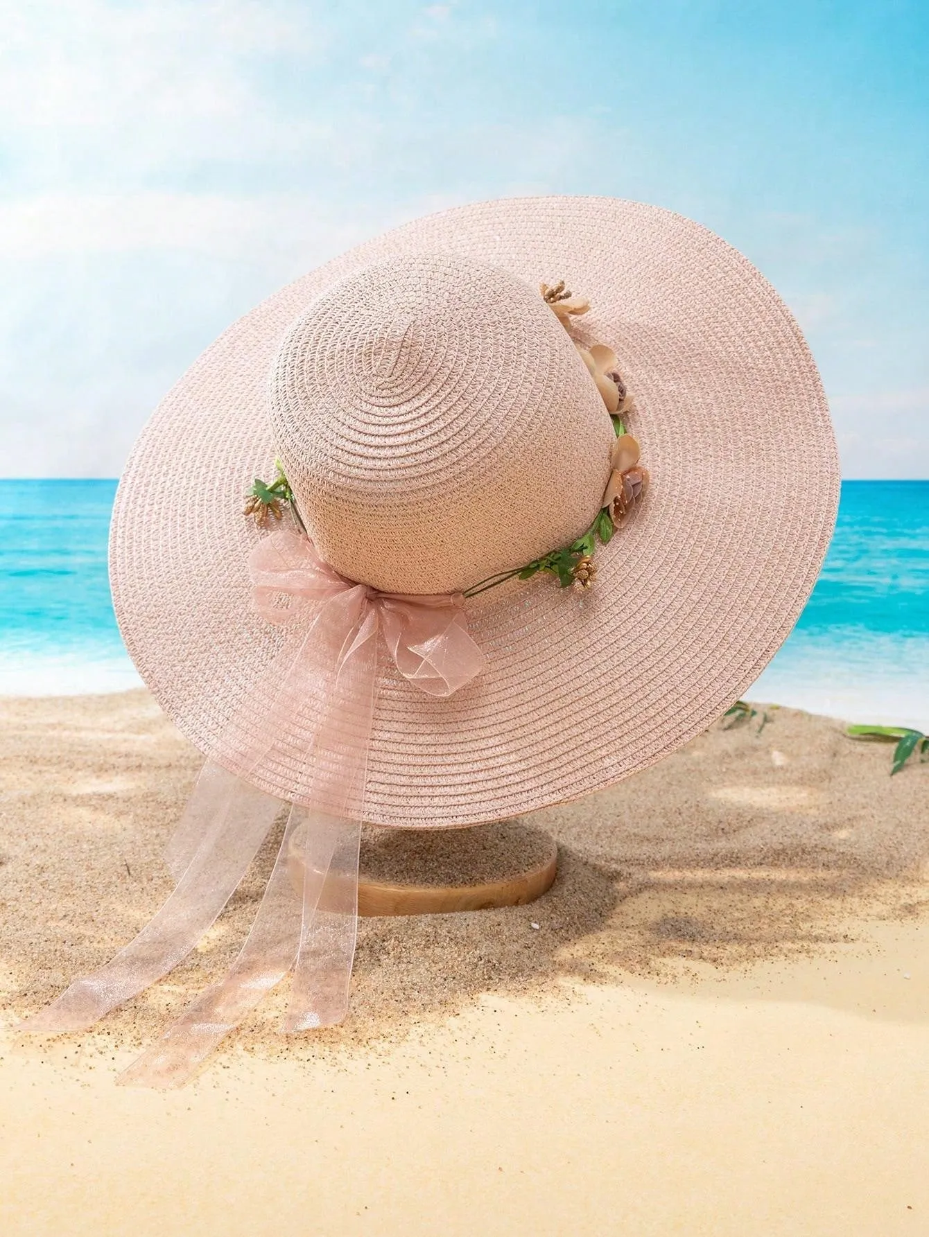 Boho 1pc Unisex Y2k Style Wide Brim Floral Wreath Sun Hat, Perfect For Spring & Summer Outdoor Activities