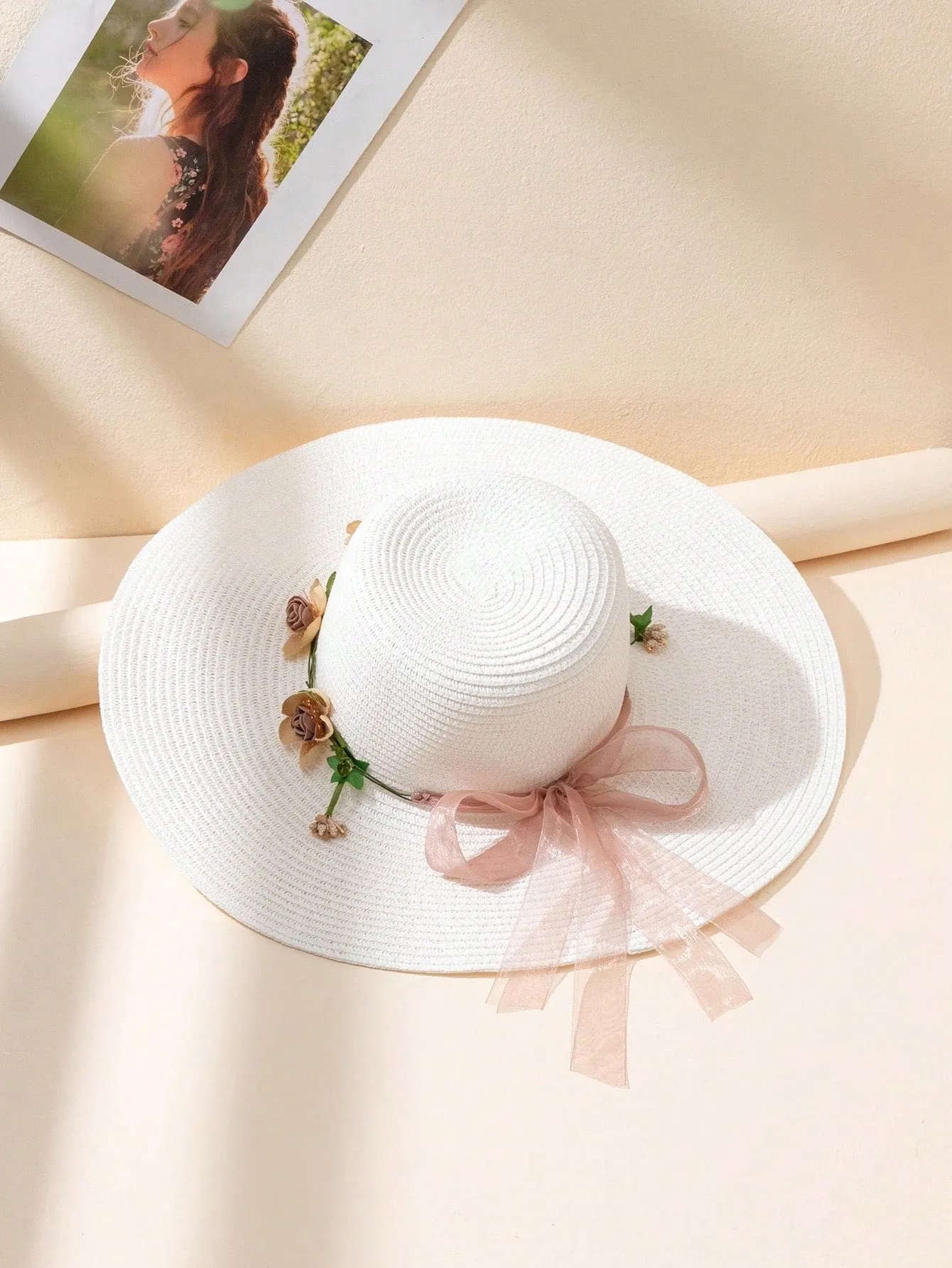 Boho 1pc Unisex Y2k Style Wide Brim Floral Wreath Sun Hat, Perfect For Spring & Summer Outdoor Activities