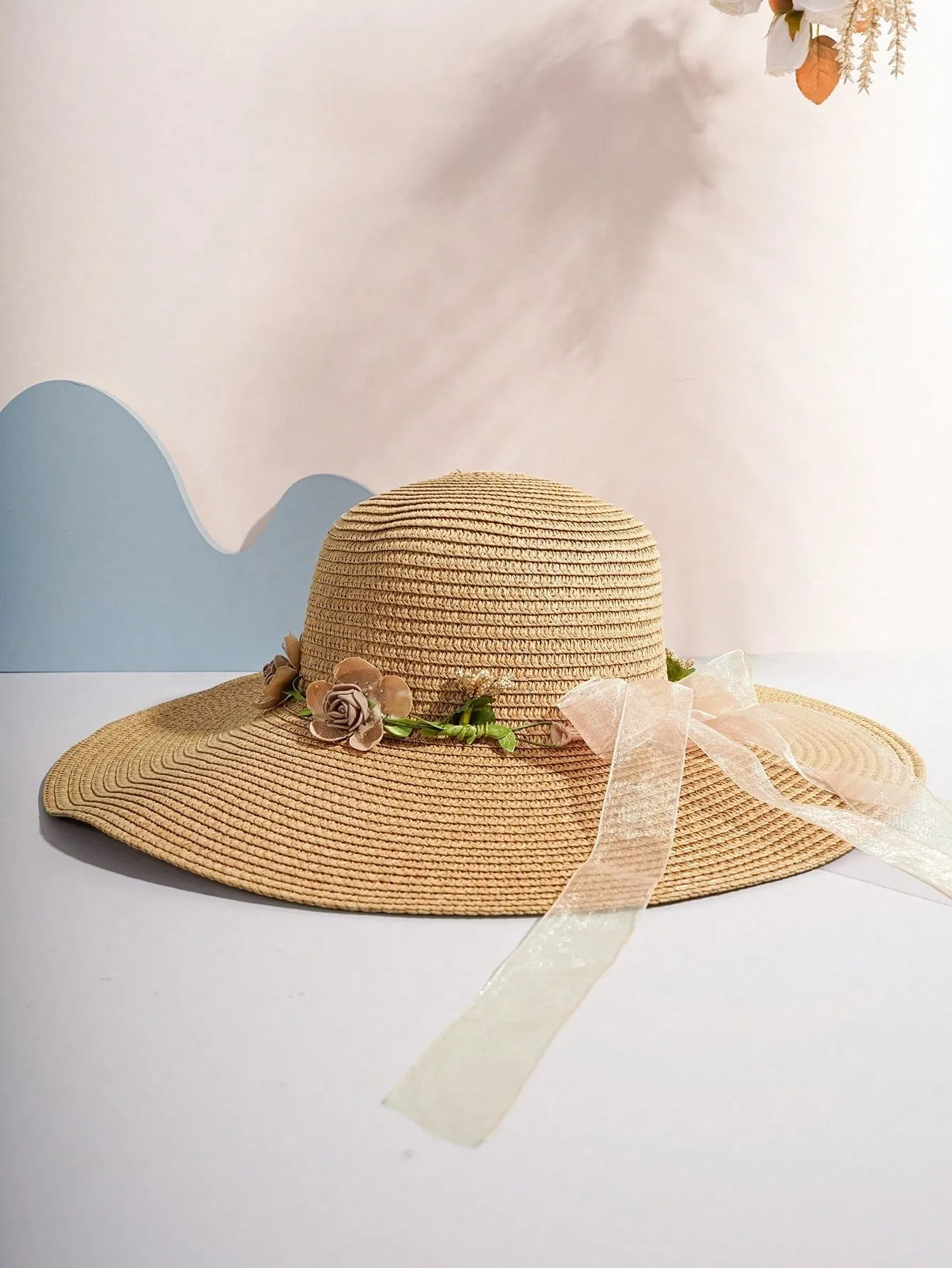 Boho 1pc Unisex Y2k Style Wide Brim Floral Wreath Sun Hat, Perfect For Spring & Summer Outdoor Activities