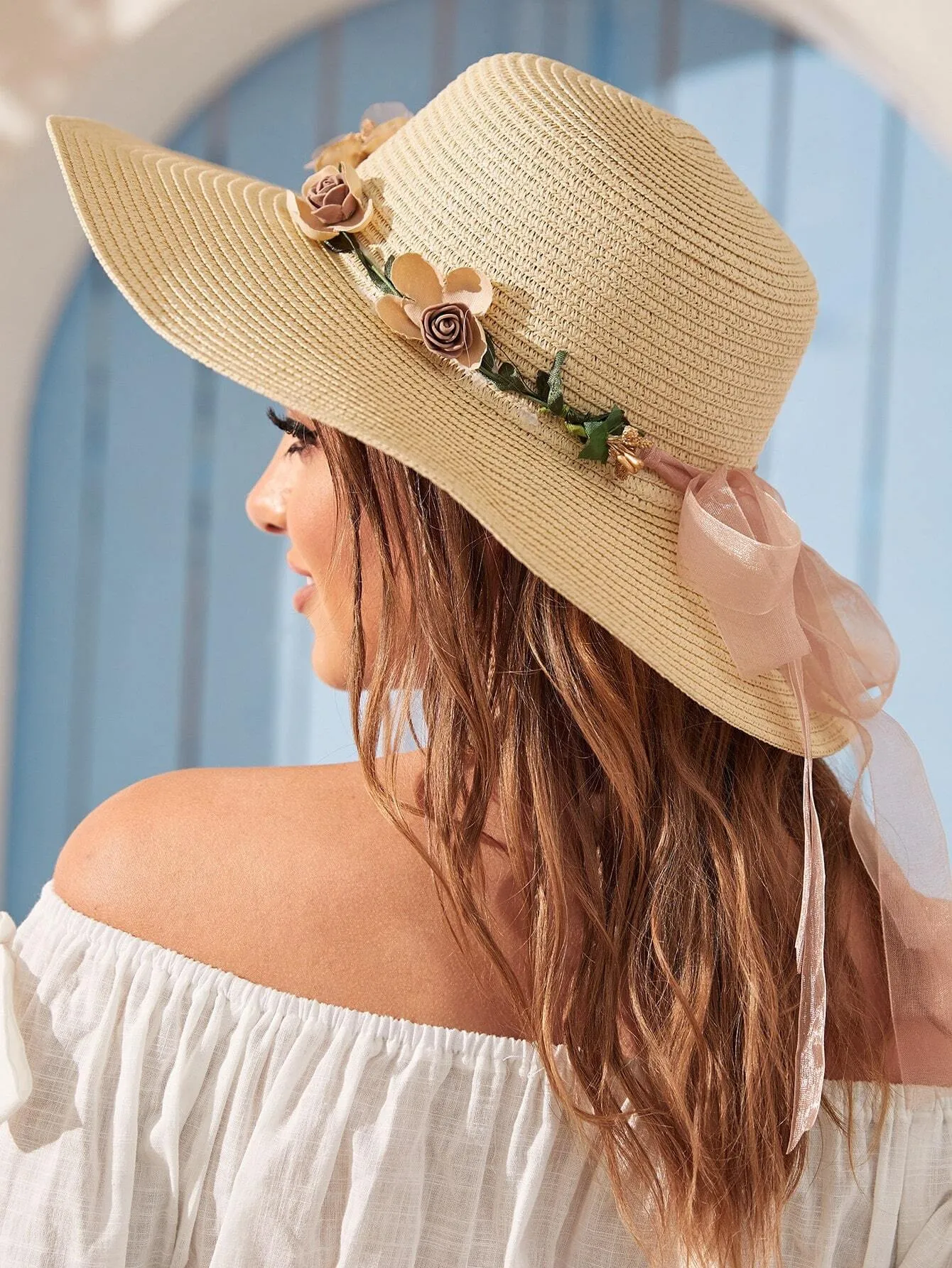 Boho 1pc Unisex Y2k Style Wide Brim Floral Wreath Sun Hat, Perfect For Spring & Summer Outdoor Activities