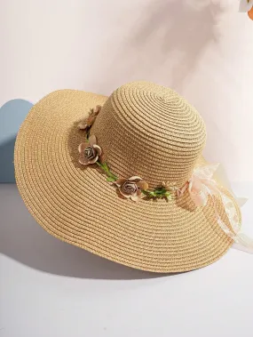 Boho 1pc Unisex Y2k Style Wide Brim Floral Wreath Sun Hat, Perfect For Spring & Summer Outdoor Activities