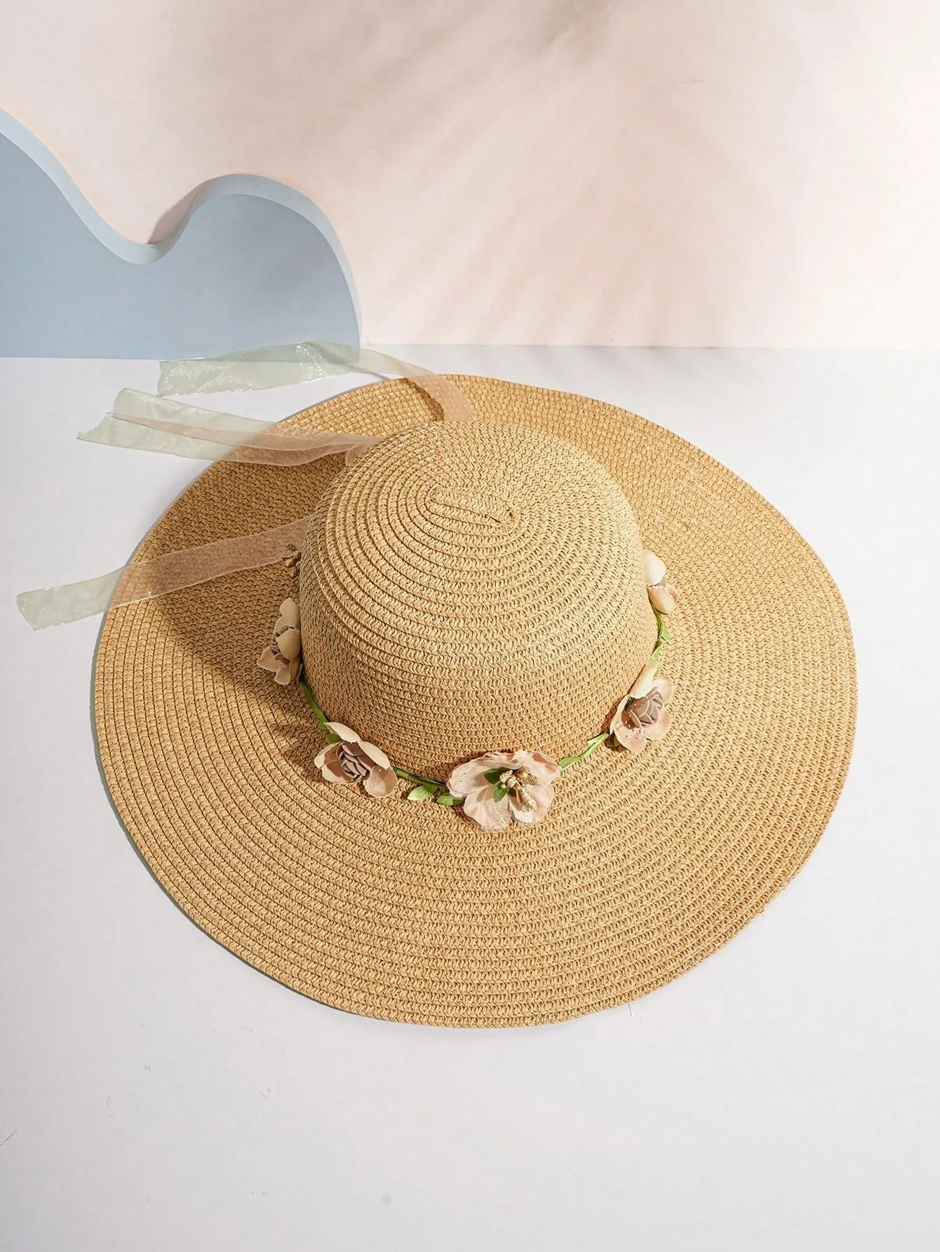 Boho 1pc Unisex Y2k Style Wide Brim Floral Wreath Sun Hat, Perfect For Spring & Summer Outdoor Activities
