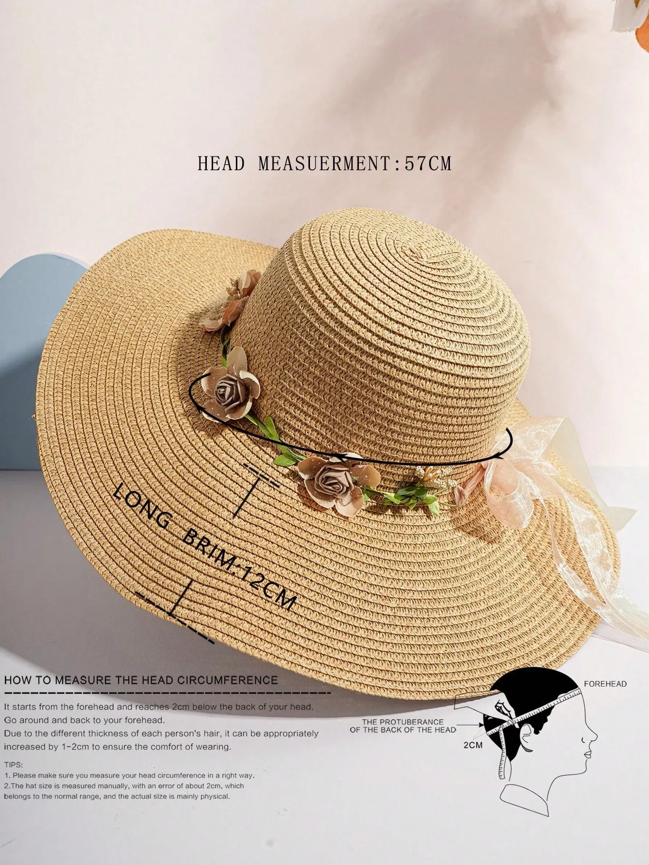 Boho 1pc Unisex Y2k Style Wide Brim Floral Wreath Sun Hat, Perfect For Spring & Summer Outdoor Activities