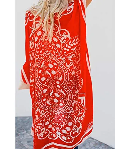 Bsubseach Loose Printed 3/4 Sleeve Kimono Cardigan