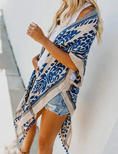 Bsubseach Loose Printed 3/4 Sleeve Kimono Cardigan