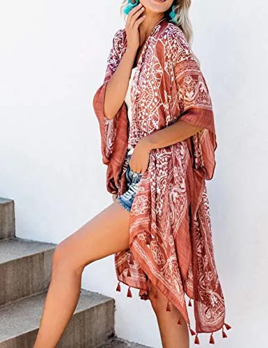 Bsubseach Loose Printed 3/4 Sleeve Kimono Cardigan