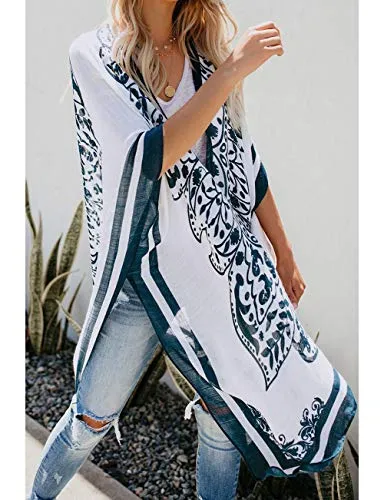 Bsubseach Loose Printed 3/4 Sleeve Kimono Cardigan