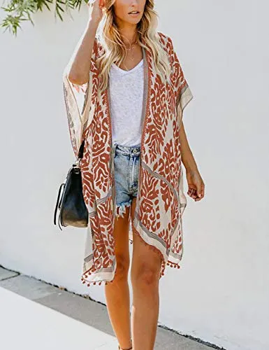 Bsubseach Loose Printed 3/4 Sleeve Kimono Cardigan