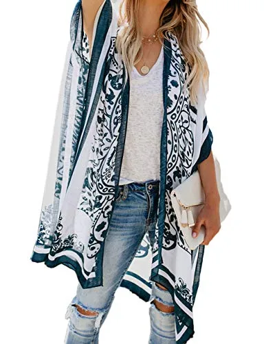 Bsubseach Loose Printed 3/4 Sleeve Kimono Cardigan
