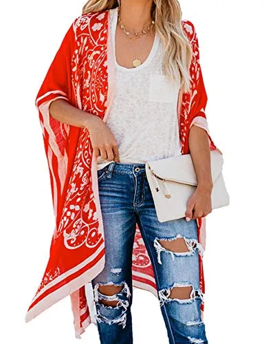Bsubseach Loose Printed 3/4 Sleeve Kimono Cardigan