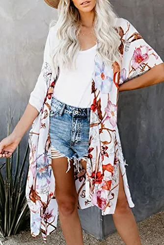 Bsubseach Loose Printed 3/4 Sleeve Kimono Cardigan
