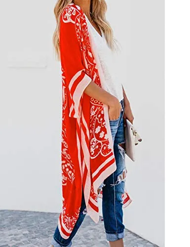 Bsubseach Loose Printed 3/4 Sleeve Kimono Cardigan