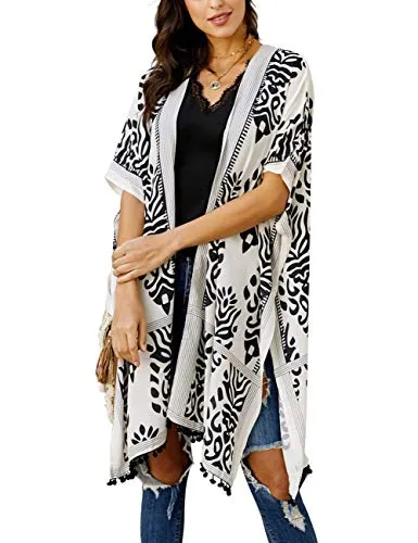 Bsubseach Loose Printed 3/4 Sleeve Kimono Cardigan