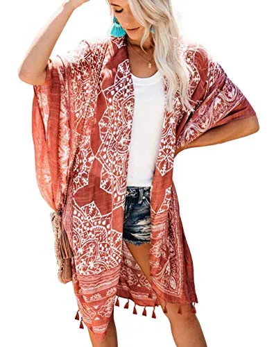 Bsubseach Loose Printed 3/4 Sleeve Kimono Cardigan
