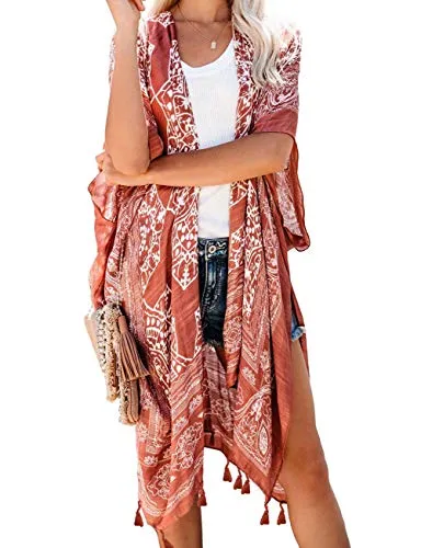 Bsubseach Loose Printed 3/4 Sleeve Kimono Cardigan