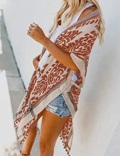 Bsubseach Loose Printed 3/4 Sleeve Kimono Cardigan