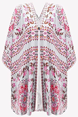 Bsubseach Loose Printed 3/4 Sleeve Kimono Cardigan