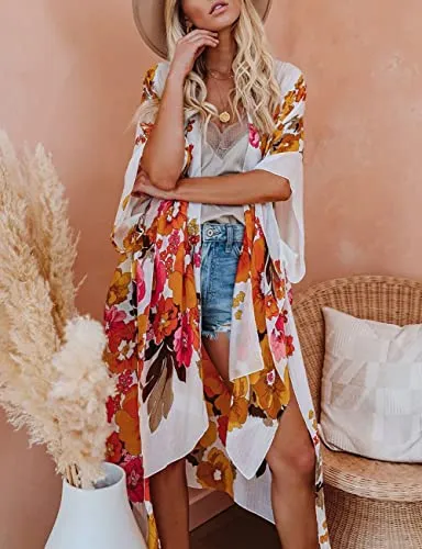Bsubseach Loose Printed 3/4 Sleeve Kimono Cardigan