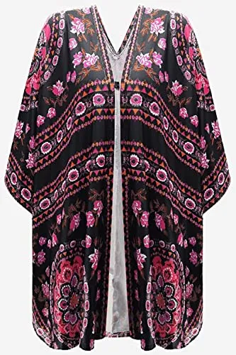 Bsubseach Loose Printed 3/4 Sleeve Kimono Cardigan