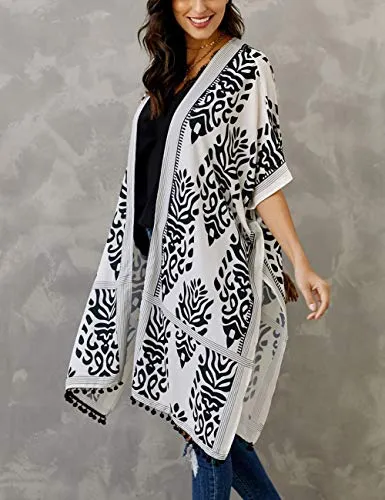 Bsubseach Loose Printed 3/4 Sleeve Kimono Cardigan