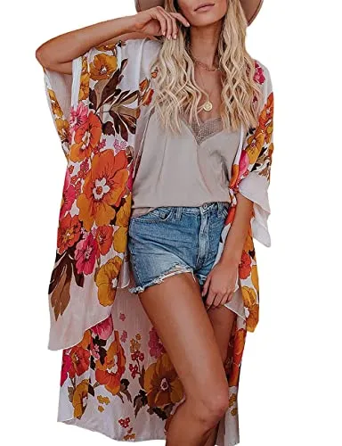 Bsubseach Loose Printed 3/4 Sleeve Kimono Cardigan