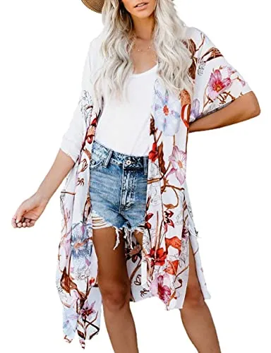 Bsubseach Loose Printed 3/4 Sleeve Kimono Cardigan